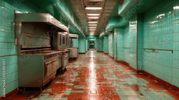 Obraz A hauntingly beautiful view of an abandoned kitchen showcasing turquoise walls and vintage appliances, evoking a sense of nostalgia and urban decay in the space.
