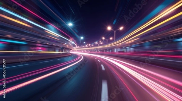 Fototapeta Nighttime Speed: A dynamic visual capturing the essence of high-speed travel at night, featuring vibrant light trails streaking across a dark sky.