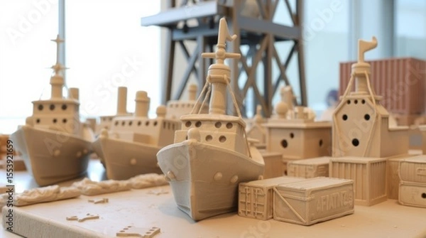 Fototapeta Clay Ship Models: A collection of meticulously crafted clay models of cargo ships and harbor structures, showcasing intricate details and a monochromatic color palette. 