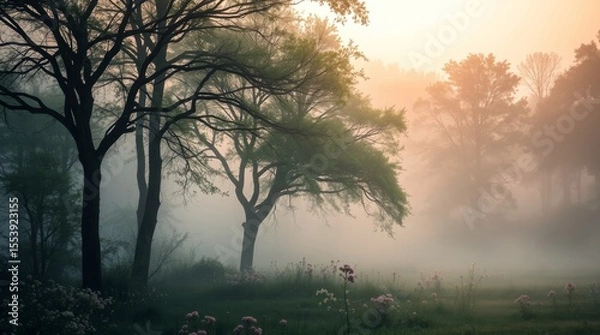 Fototapeta Serene Misty Treescape: A captivating photograph of towering trees, enveloped in a mystical mist, creating a tranquil and evocative scene of natural beauty. 