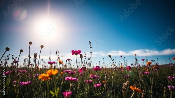 Fototapeta Blooming Radiance: A vibrant tapestry of wildflowers basks under the sun. Each petal is kissed by the sun's golden rays, celebrating the beauty of a clear sky. 
