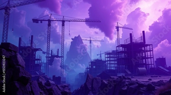 Fototapeta Construction Zone in the Sky: Cranes stand tall against a majestic, vivid sky backdrop, set on an industrial construction site where the building's skeleton is already built.