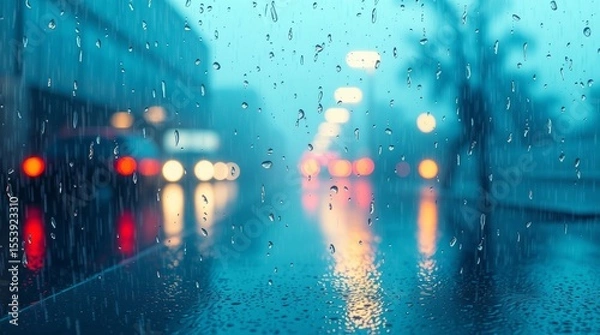 Fototapeta City Lights in a Downpour: A mesmerizing shot of raindrops on a windowpane obscures a blurred cityscape, illuminated by the soft glow of streetlights and passing vehicles during a rainstorm.