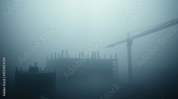 Fototapeta Construction Site in the Mist: A construction site shrouded in a dense fog, its silhouette a stark contrast against the ethereal backdrop.
