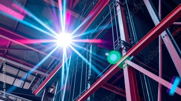 Fototapeta Industrial Beam Symphony: Witness a captivating display of vibrant beams of light dancing through an industrial setting, casting dynamic shadows and painting an atmosphere of futuristic energy.
