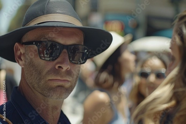 Fototapeta Portrait of a man with sunglasses and hat in the city.