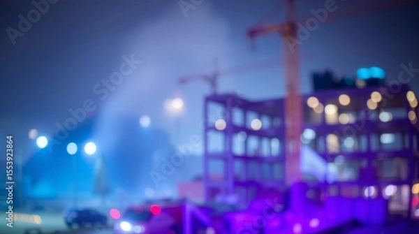 Fototapeta Nighttime Construction Scene: A captivating blurred vision of a city construction site at night, revealing crane and structural framework amid a hazy atmosphere.
