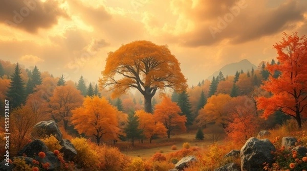 Fototapeta Golden Autumn: A vibrant autumnal landscape, with a central tree radiating golden leaves, set against a backdrop of rolling hills and a cloudy sky.