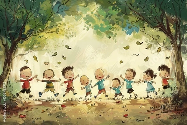 Fototapeta Children playing in the autumn forest. Children play in the autumn forest.