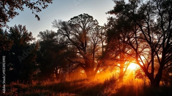 Fototapeta Sunlit Trees: Golden sun peeks through silhouetted tree, casting a magical glow over the landscape in nature.