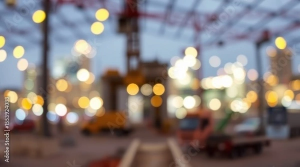 Fototapeta City lights and Construction Site Bokeh: Capturing the dreamy essence of a construction site through the lens of bokeh, where golden lights intertwine, creating a hazy spectacle of urban life at dusk.