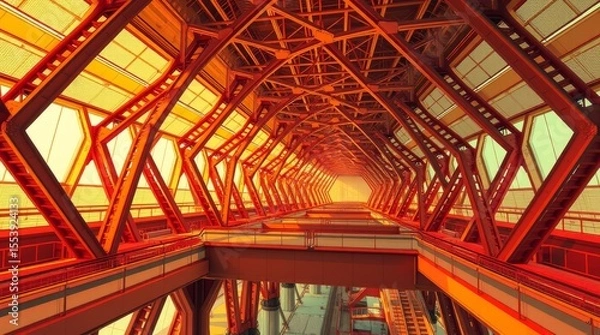 Fototapeta Architectural Marvel: An eye-level perspective unveils a robust network of interconnected metal beams forming an open bridge, creating a captivating display of architectural brilliance. The warm.
