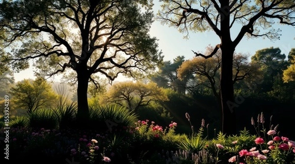 Fototapeta Nature's Embrace: Sunlight filters through the leaves of a vibrant green forest, illuminating a peaceful landscape of tranquility, inviting viewers to immerse themselves in nature's tranquil beauty.
