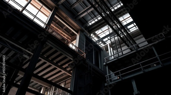 Fototapeta Architectural Geometry: An abstract composition of lines and angles, showcasing the stark beauty of an industrial interior, with a play of light and shadow emphasizing the structure and materials. 