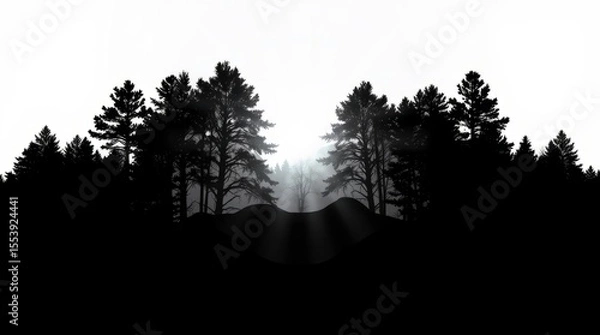 Fototapeta Mystical Forest Silhouette: A captivating silhouette of a forest, with towering trees and a path leading towards a brilliant light source in the distance. evokes a sense of mystery, solitude.