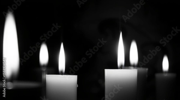 Fototapeta Candles of Remembrance: Four candles burning brightly in the darkness, each flame a beacon of hope and remembrance.  A monochromatic image evokes a sense of peace and quiet contemplation.