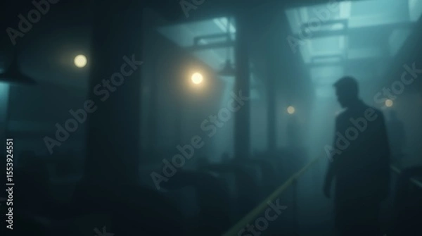 Fototapeta Shadows of Introspection: A solitary figure treads through a dimly lit, industrial setting, illuminated by eerie glows, evoking a sense of isolation and contemplation.