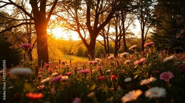 Fototapeta Golden Hour Bloom: A sun-drenched meadow explodes with vibrant wildflowers under the warmth of golden hour, creating a peaceful sanctuary.