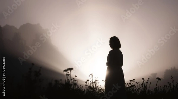Fototapeta Solitude Silhouette: A lone figure stands silhouetted against the radiant sunrise, embodying tranquility and reflection within the expansive landscape