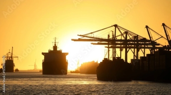 Fototapeta Golden Harbor Silhouette: A serene harbor scene is illuminated by the golden light of the setting sun, with cargo ships and cranes silhouetted against the sky.