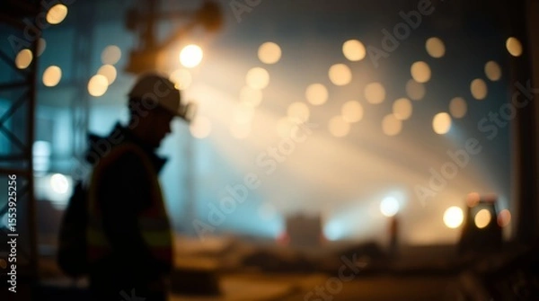 Fototapeta Industry Silhouette: A solitary construction worker stands in a dimly lit industrial setting. Captured by the warm glow of the lights.