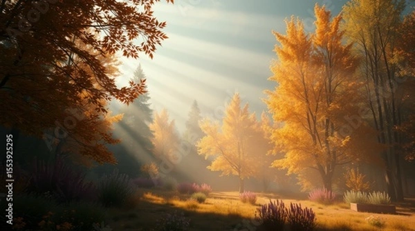Fototapeta Golden Sunlight Through Trees: A picturesque autumn landscape, capturing the sun's rays filtering through trees. The vivid golden hues of the foliage create a serene and peaceful ambiance. 