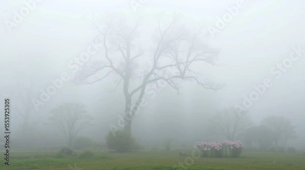Fototapeta Mystic Forest: A haunting scene of bare trees and lush greenery emerges from a thick, enveloping fog, creating an atmospheric and mysterious landscape.