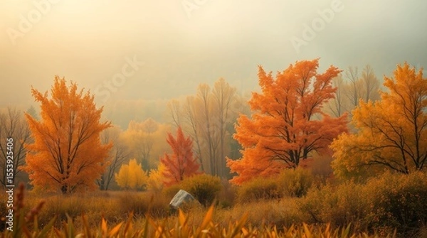 Fototapeta Autumnal Serenity: A captivating landscape presents vibrant autumn colors, with trees and foliage ablaze in hues of gold and orange. The soft, diffused light casts a gentle glow over the scene.