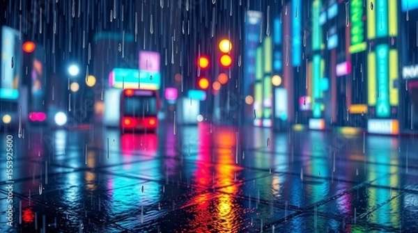 Fototapeta Neon Reflections: A vibrant city scene comes alive at night, the streets glistening with the reflections of neon lights during a rain shower, creating a captivating atmosphere.