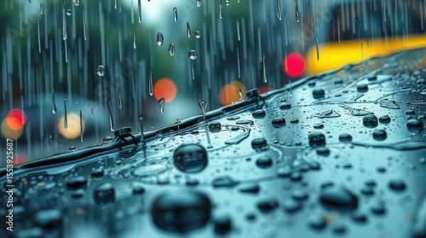 Fototapeta Rainy Day Reflections: Capturing a detailed shot of rain droplets on a car surface, the photo offers an atmospheric perspective of a rainy city day.