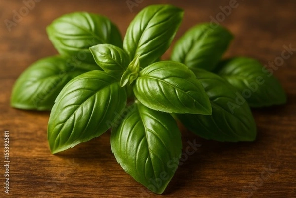 Obraz Fresh basil leaves on rustic wood