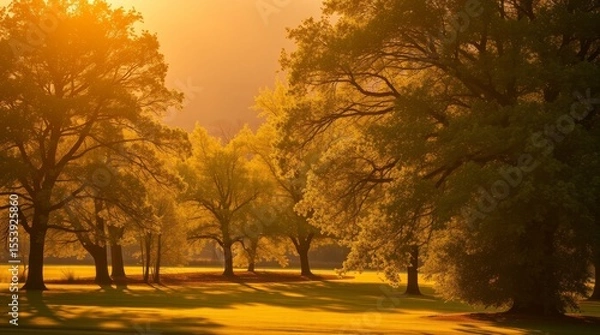 Fototapeta Golden Sunset over the Park: Bathed in the warm embrace of a golden sunset, a serene park presents a breathtaking vista of lush trees, verdant grass, and an atmosphere of calm.