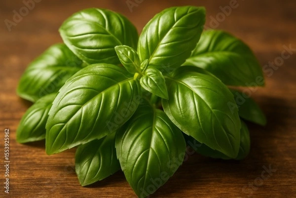 Obraz Fresh basil leaves on rustic wooden surface