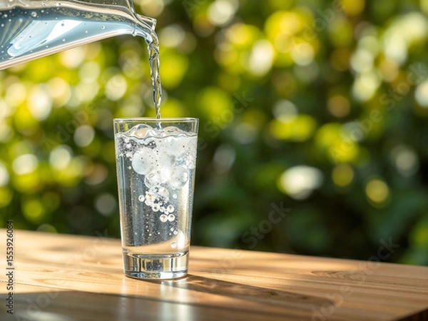 Fototapeta Clear glass of water being poured outdoors with natural green bokeh background, symbolizing freshness and purity. Generative AI