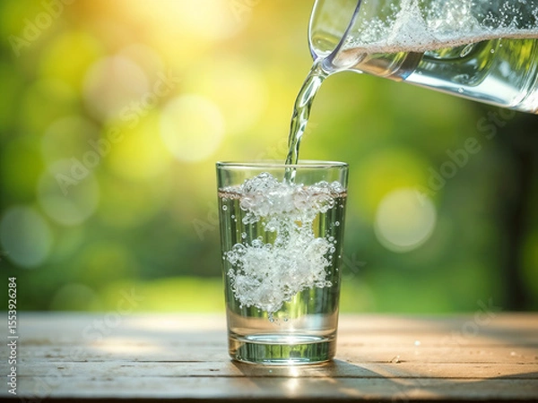 Fototapeta Clear glass of water being poured outdoors with natural green bokeh background, symbolizing freshness and purity. Generative AI