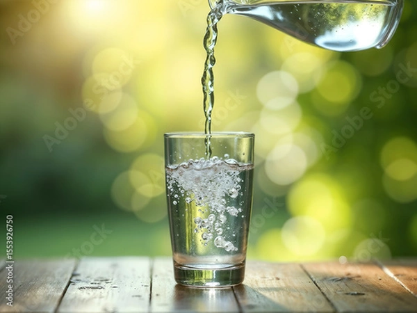 Fototapeta Clear glass of water being poured outdoors with natural green bokeh background, symbolizing freshness and purity. Generative AI