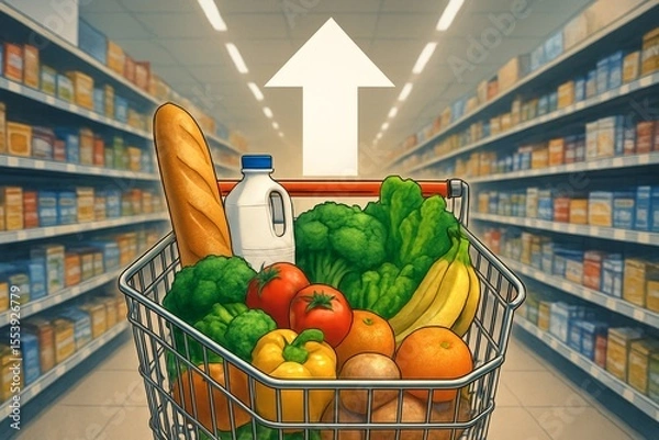 Obraz Shopping cart filled with groceries in supermarket