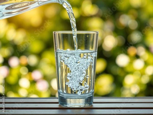 Fototapeta Clear glass of water being poured outdoors with natural green bokeh background, symbolizing freshness and purity. Generative AI