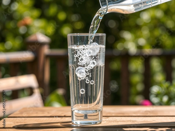 Fototapeta Clear glass of water being poured outdoors with natural green bokeh background, symbolizing freshness and purity. Generative AI
