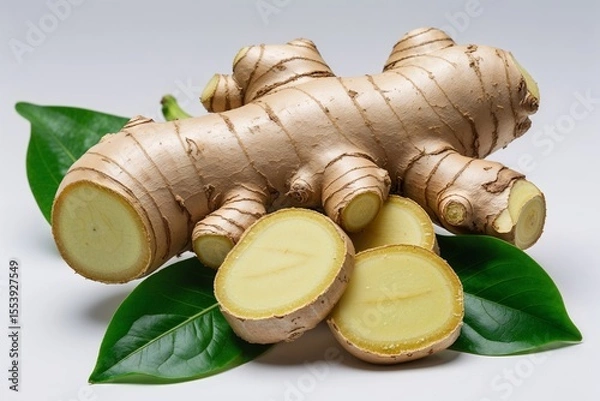 Obraz Fresh ginger root closeup with green leaves
