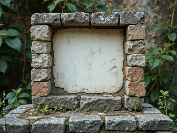 Fototapeta Small stone frame with white empty center, surrounded by green plants, perfect for outdoor or nature concepts. Generative AI