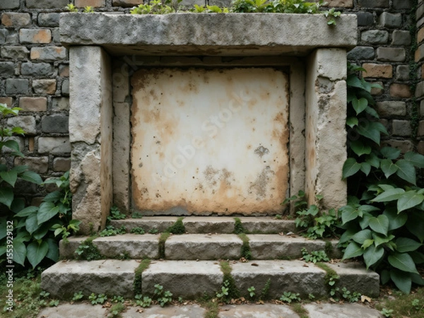 Fototapeta Small stone frame with white empty center, surrounded by green plants, perfect for outdoor or nature concepts. Generative AI