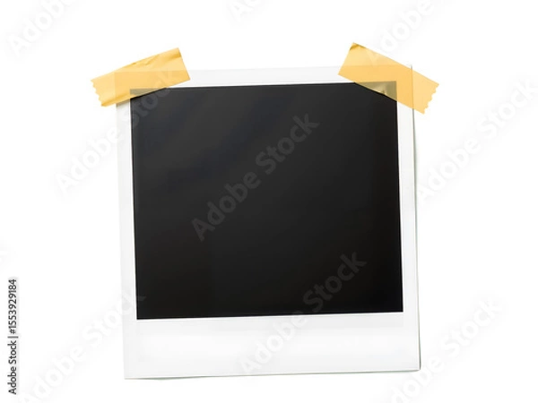 Fototapeta Vintage photo frame with yellow tape on white background, perfect for memories, scrapbooks, or retro designs. Generative AI