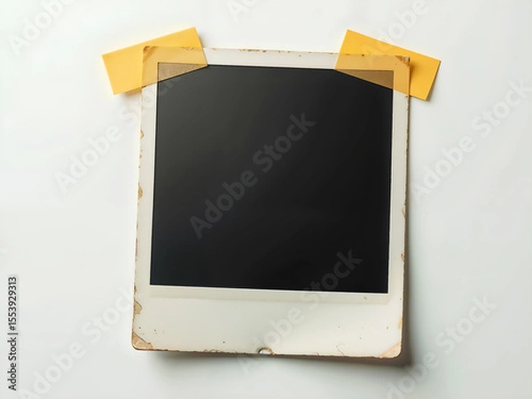 Fototapeta Vintage photo frame with yellow tape on white background, perfect for memories, scrapbooks, or retro designs. Generative AI