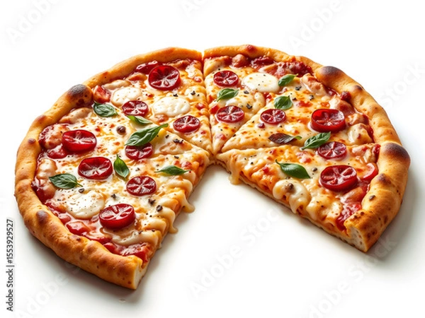 Fototapeta Realistic pizza with one slice pulled out, showing melted cheese and toppings, ideal for food and restaurant themes. Generative AI