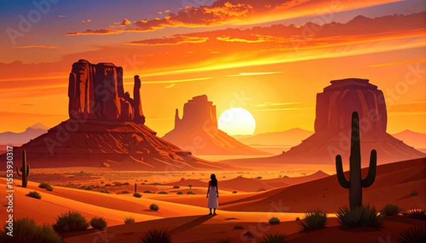 Fototapeta Solitary figure stands silhouetted against vibrant sunset, bathed in warm glow, surrounded by majestic rock formations and desert landscape. scene evokes sense of tranquility and wonder