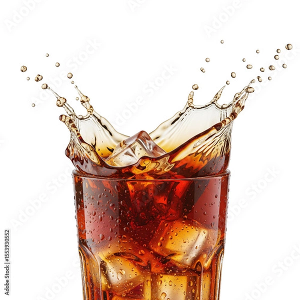 Fototapeta Cola splash with ice cubes in glass