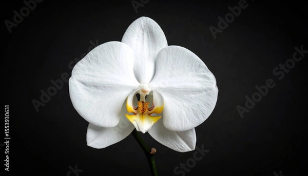 Fototapeta Solitary white orchid with delicate petals resembling ethereal clouds stands majestically against dark background, showcasing its beauty and elegance