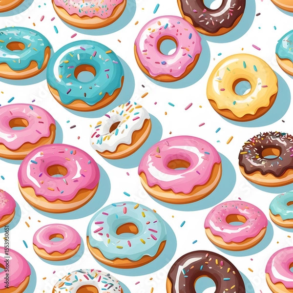 Fototapeta Vector Pattern of Colorful Donuts with Sprinkles on White