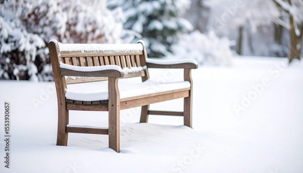 Fototapeta Solitary wooden bench, weathered by passage of time, stands covered in blanket of snow, creating serene winter scene that invites reflection and tranquility